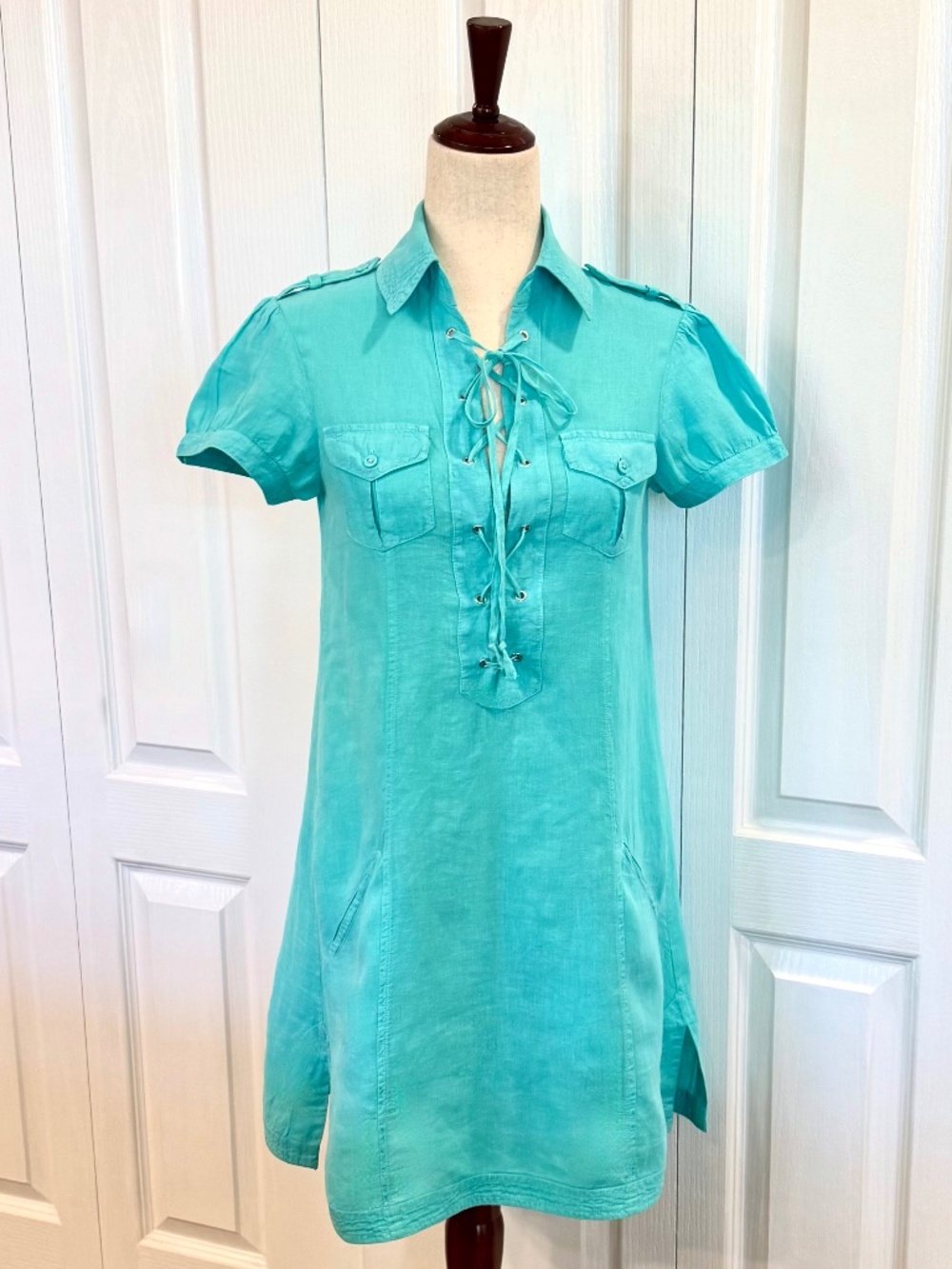 Vintage, Size XS, Calypso Christiane Celle 100% Linen Aqua Safari Shirt Dress